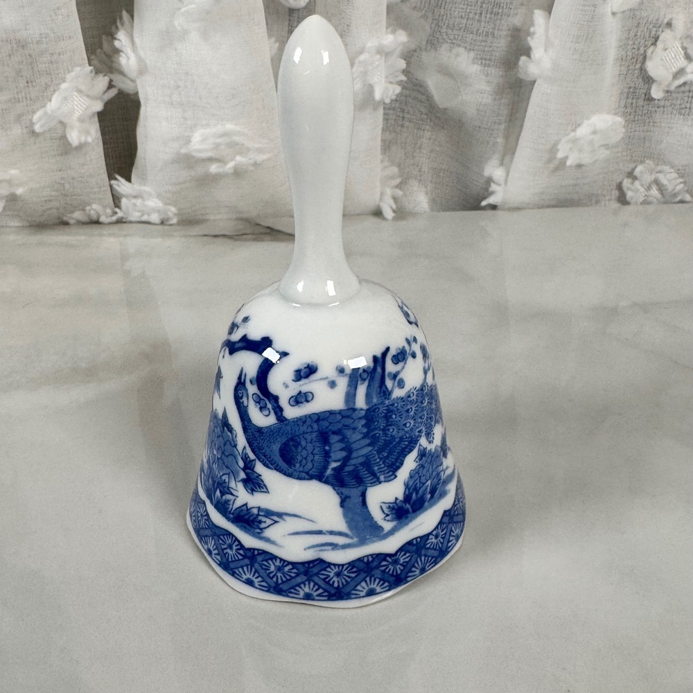 Vintage Blue and White Peacock Handbell Ceramic‎ Action Japan 5"
